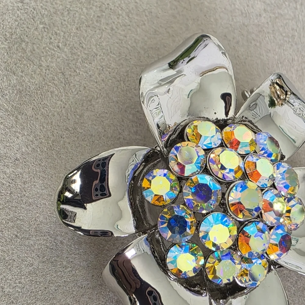 Silver Flower Brooch Pin with AB Crystal Stone Center